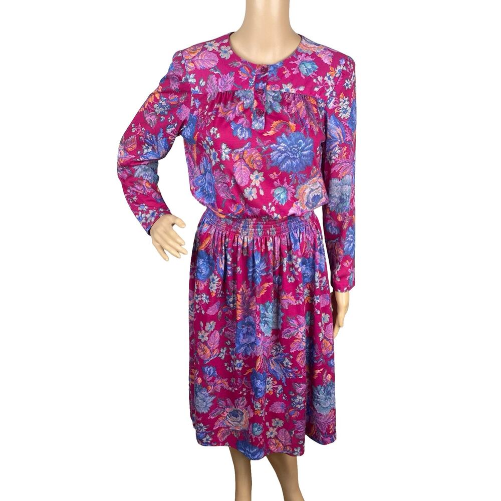 Vtg 80s Taurus II Marshall Fields Floral Midi Dress Smocked Waist Union Made 10